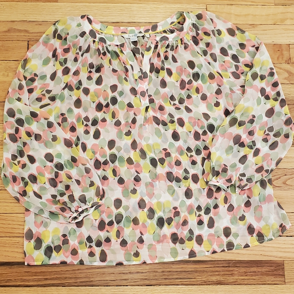 Boden Sheer Leaf Print Pastel Blouse Boho Long Sleeve Size 16